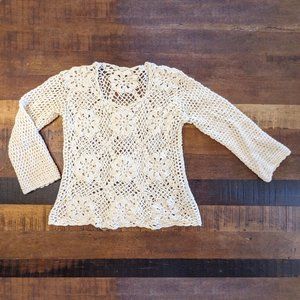 Vintage Cream Crochet Pointelle Seamless Floral Mesh Bohemian Top, Size Small